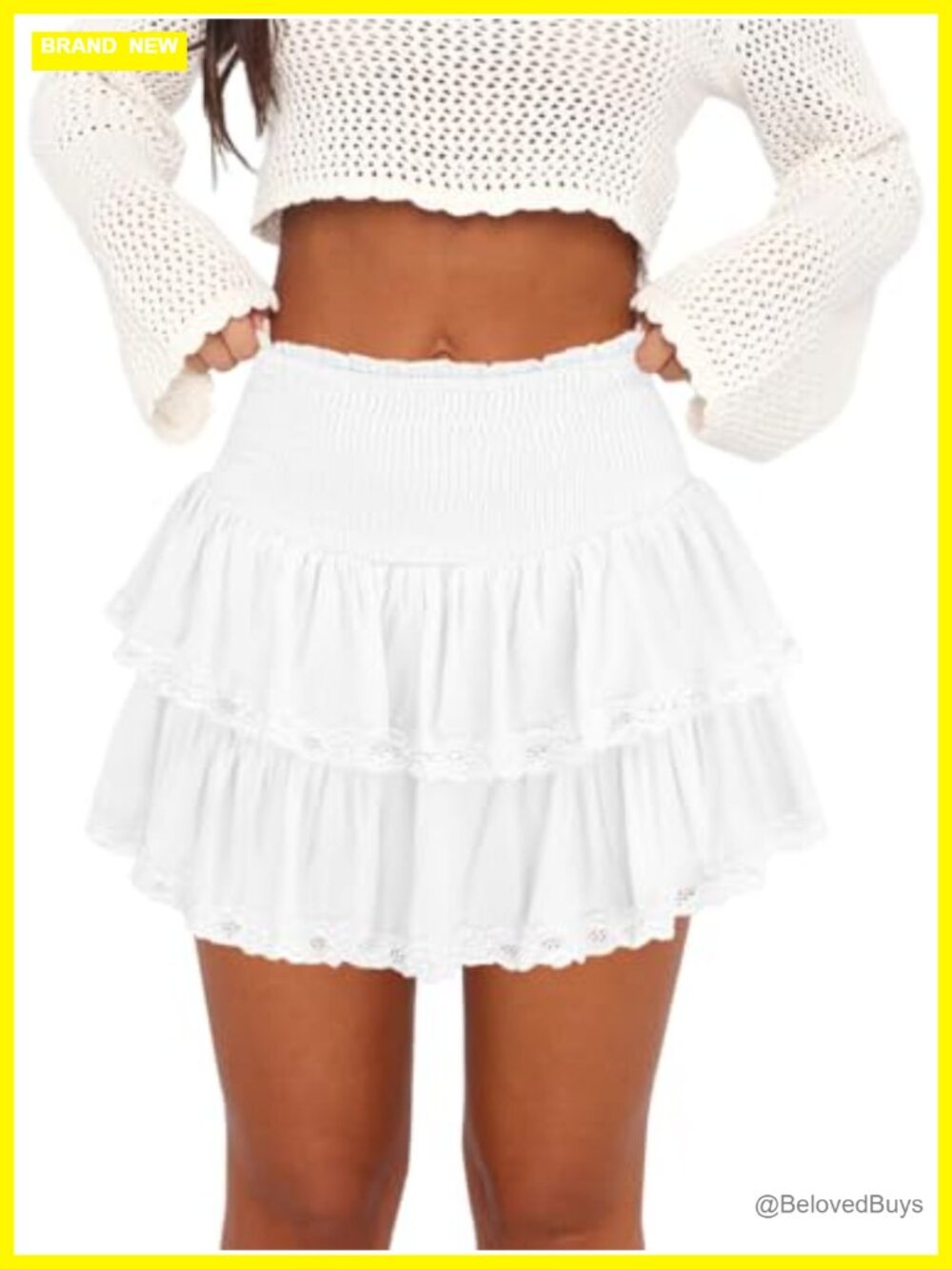Womens Ruffle Skort Cotton Silk Smocked Waist Lace Trim Mini Skirt with
